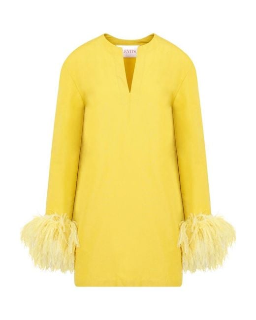 Valentino Yellow Feather-Trim Long-Sleeved Mini Dress
