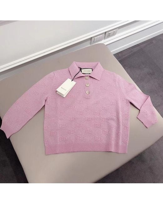 Gucci Pink Gg Metallic Wool Polo