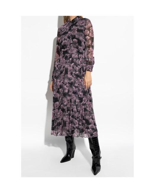 Tory Burch Purple Floral-Print Pleated Silk Dress