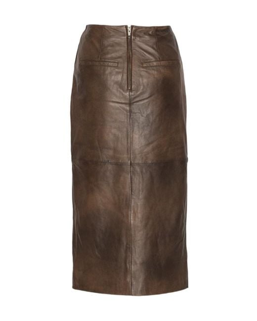 ROTATE BIRGER CHRISTENSEN Brown Front-Slit Leather Pencil Skirt