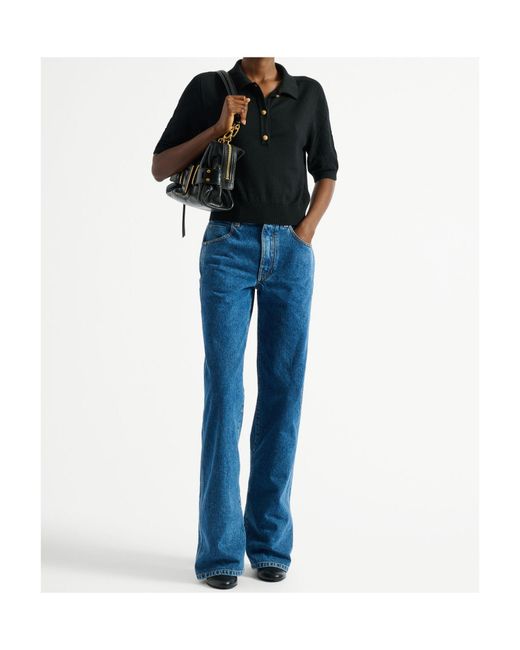 Balmain Black Merino Wool Openwork Crop Polo Shirt