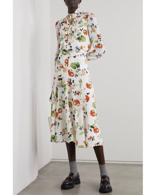 Erdem White Christina Pleated Printed Midi Skirt
