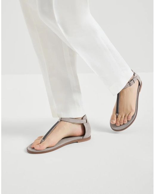 Brunello Cucinelli Brown Embellished T-Strap Flat Sandals