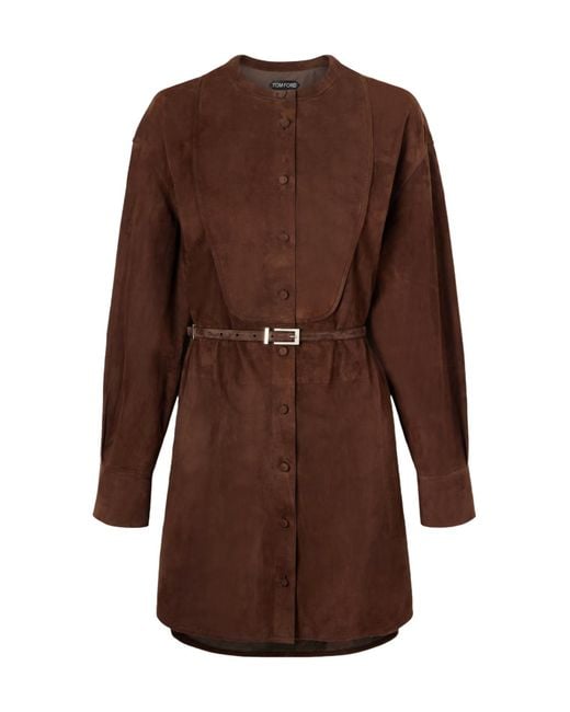 Tom Ford Brown Belted Suede Mini Shirt Dress