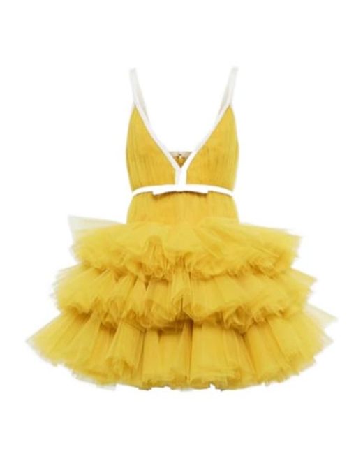 Giambattista Valli Yellow V-Neck Ruffled Tulle Minidress
