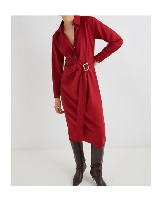 Marella Red Shirt Dress With Side Buckle Detail