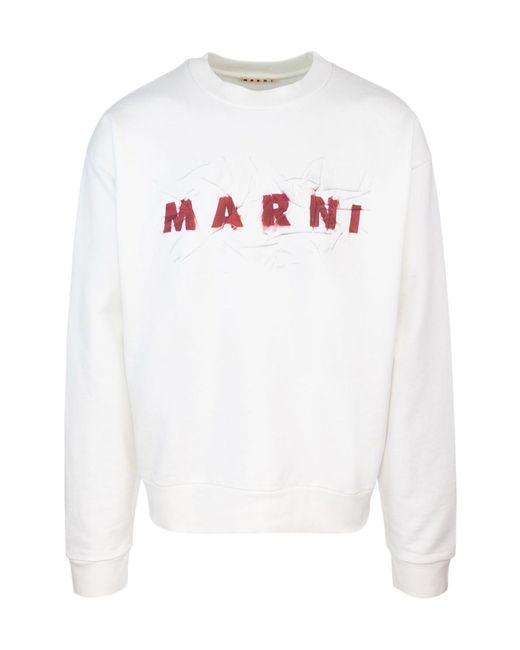 Marni White Logo Printed Crewneck Sweatshirt for men