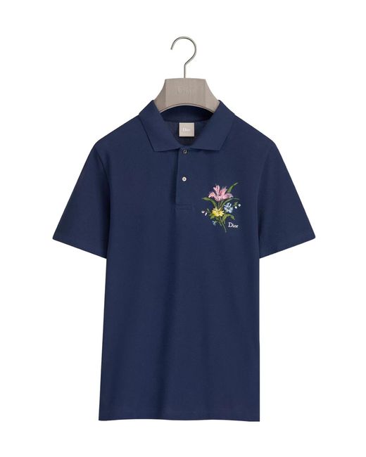 Dior Blue Polo Shirt With Secret Garden Embroidery, Relaxed Fit for men