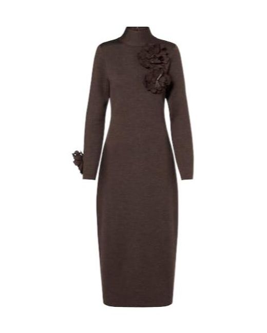 Oscar de la Renta Brown Floral-Appliqué Wool-Blend Midi Dress