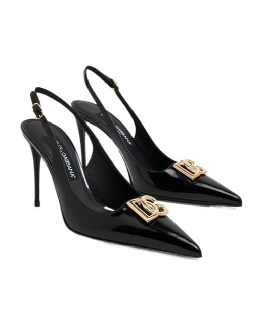 Dolce & Gabbana Black Logo Plaque Pointed Toe Slingback Pumps