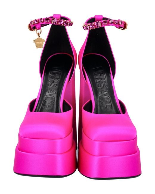 Versace Pink Medusa Head Charm Satin Platform Pumps