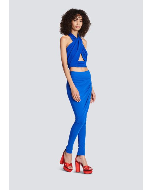 Balmain Blue Ruched Halter Neck Crossover Top