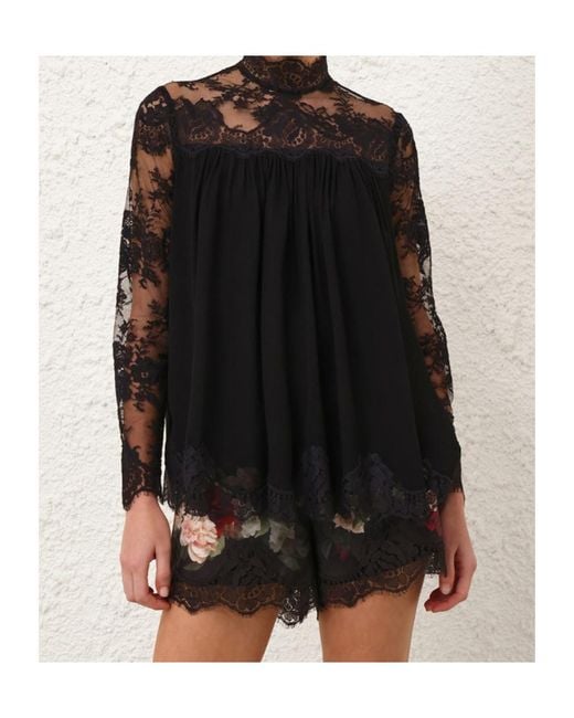 Zimmermann Black Lace-Panel High-Neck Top