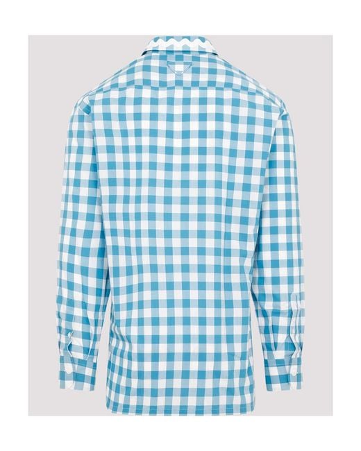 Prada Blue Plaid Long-Sleeved Shirt for men
