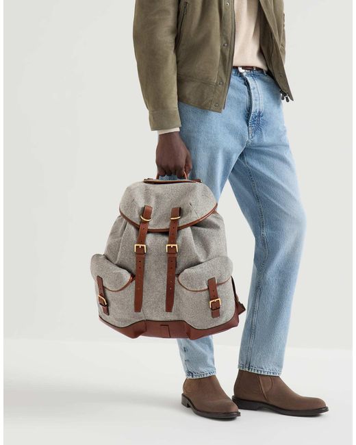 Brunello Cucinelli Brown Virgin Wool, Alpaca And Cashmere Flannel Field Backpack With Grained Calfskin Inserts for men