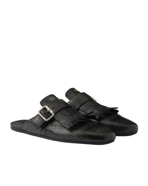 Prada Black Shuffle Fringed Leather Mules