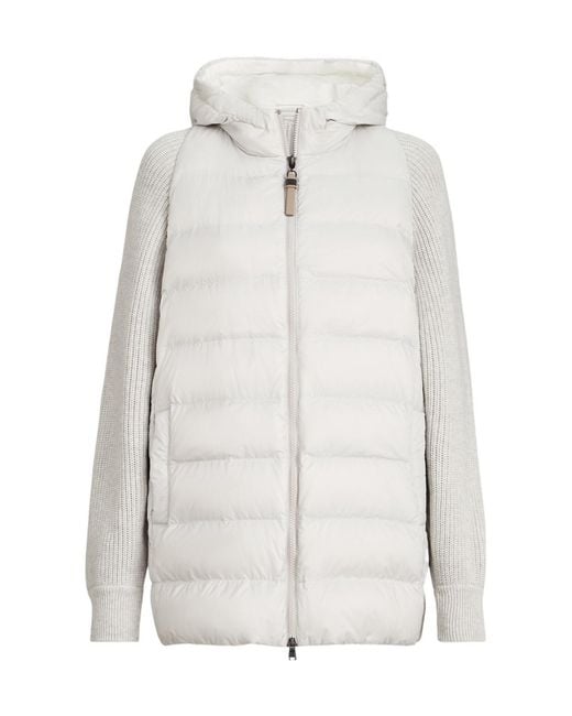 Brunello Cucinelli White Hooded Knit-Sleeve Jacket
