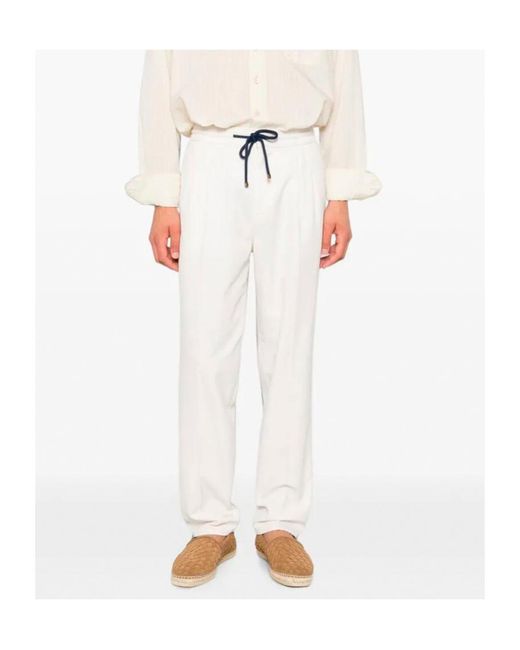 Brunello Cucinelli White Drawstring-Fastening Pleated Trousers for men