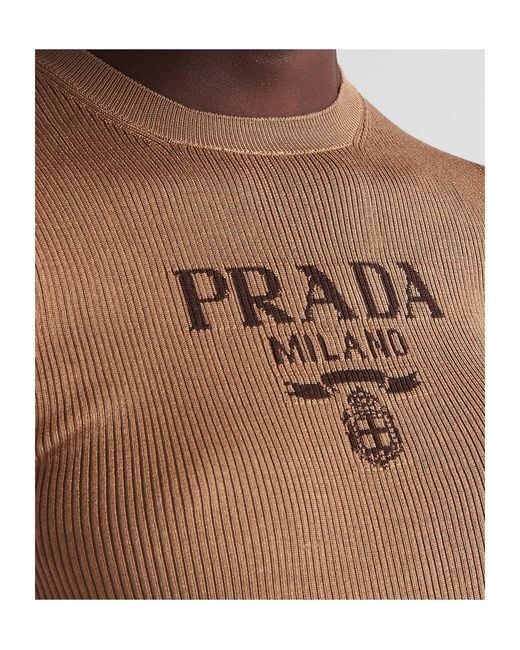 Prada Brown Logo Embroidered Ribbed Top