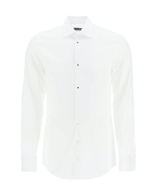 Dolce & Gabbana White Embellished Buttoned Poplin Tuxedo Shirt for men