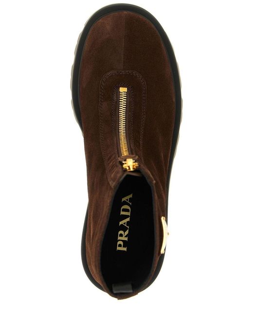 Prada Brown Triangle-Logo Zipped Boots