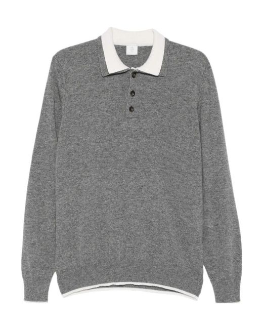 Eleventy Gray Contrast-Collar Long-Sleeve Polo Shirt for men