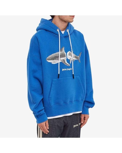 Palm Angels Blue Shark Logo Drawstring Hoodie for men