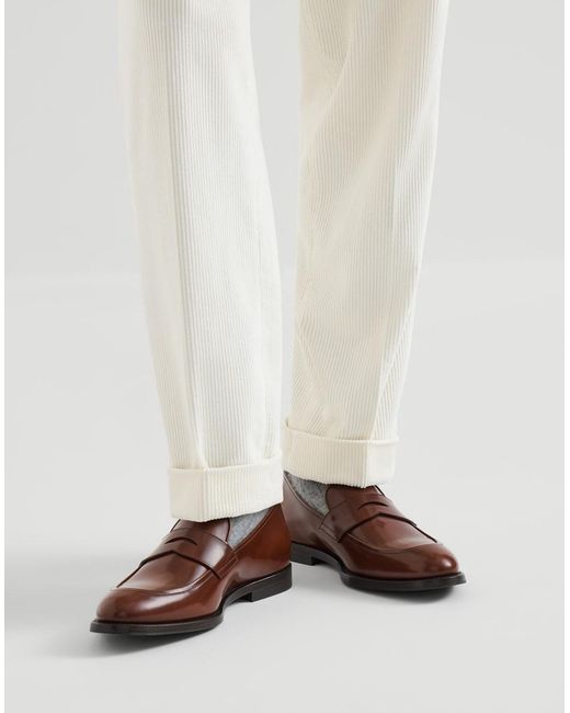 Brunello Cucinelli Brown Braided Calfskin And Polished Calfskin Penny Loafers for men