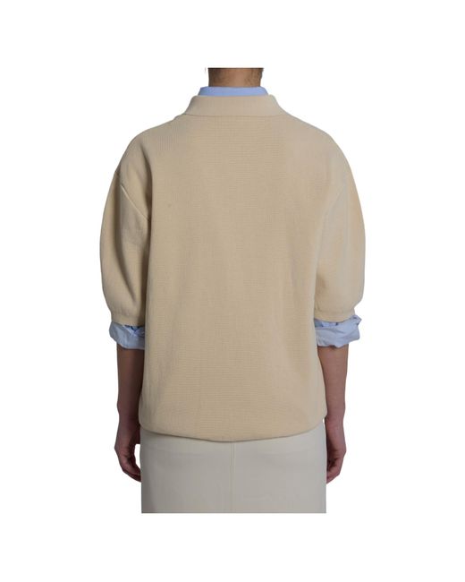 Frankie Shop Natural Nola Puff-Sleeve Knit Polo Top