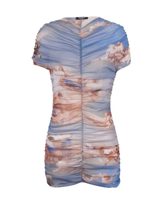 Balmain Blue Sky Printed Gathered Tulle Dress