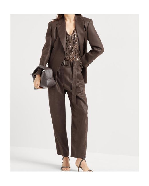 Brunello Cucinelli Brown Embellished Polished Twill Blazer