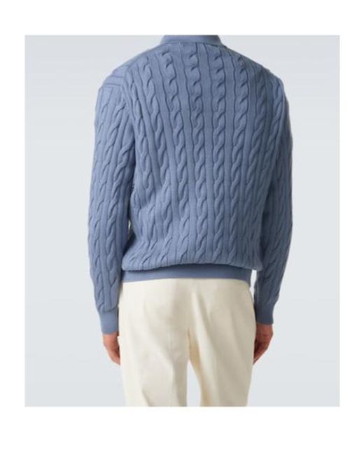 Ralph Lauren Blue Cable-Knit Cotton And Silk Polo Sweater for men