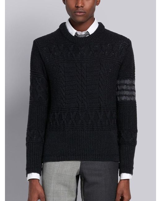 Thom Browne Black Aran Cable Tonal 4-Bar Jumper for men