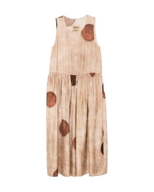 Uma Wang Natural Polka Dot Midi Dress Gathered Waist