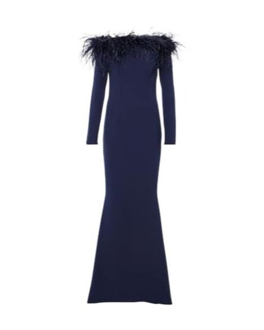 Safiyaa Blue Starlana Feather-Trimmed Off-Shoulder Gown