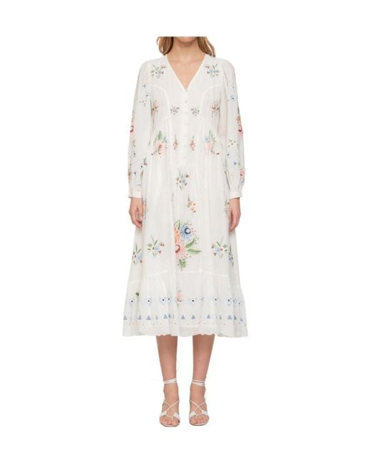 Sea White Serafina Floral-Embroidered Ruffled Midi Dress
