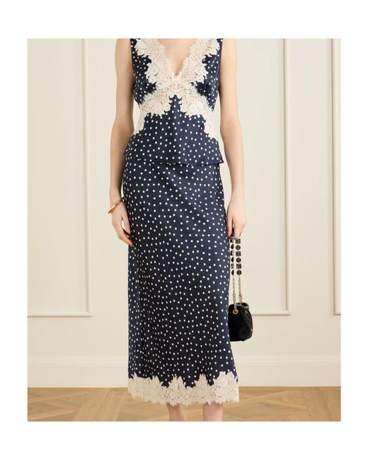 Rixo Blue Matilde Lace-Trimmed Polka-Dot Satin Midi Skirt