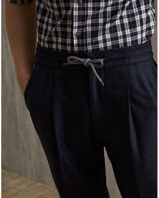 Brunello Cucinelli Blue Drawstring Pleated Trousers for men