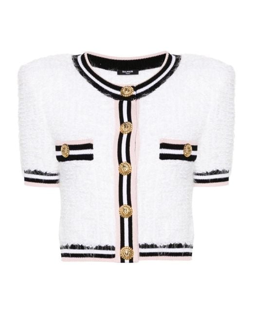 Balmain White Maze-Monogram Bouclé Cardigan