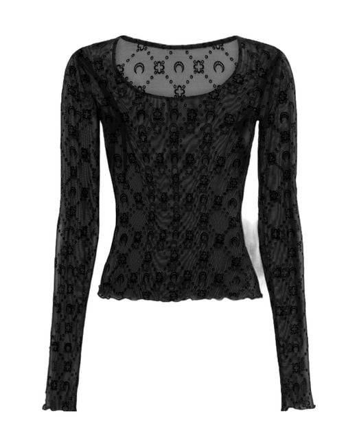 MARINE SERRE Blue Moonogram Mesh Flock Long Sleeves Roundneck Top