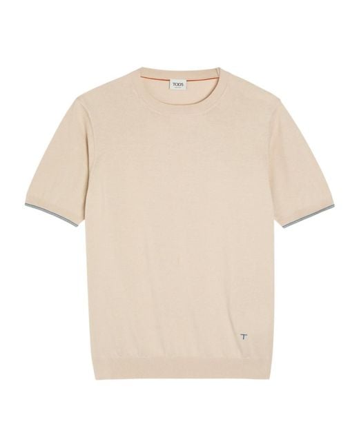 Tod's Natural Striped Detail Knit Cotton T-Shirt for men