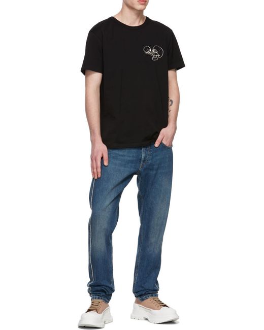 McQueen Black Skull Embroidered Crewneck T-Shirt for men