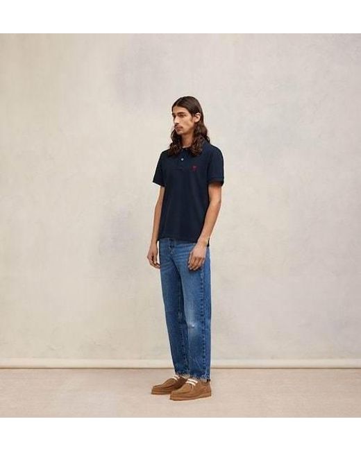 AMI Blue Logo Embroidered Short-Sleeved Polo Shirt for men