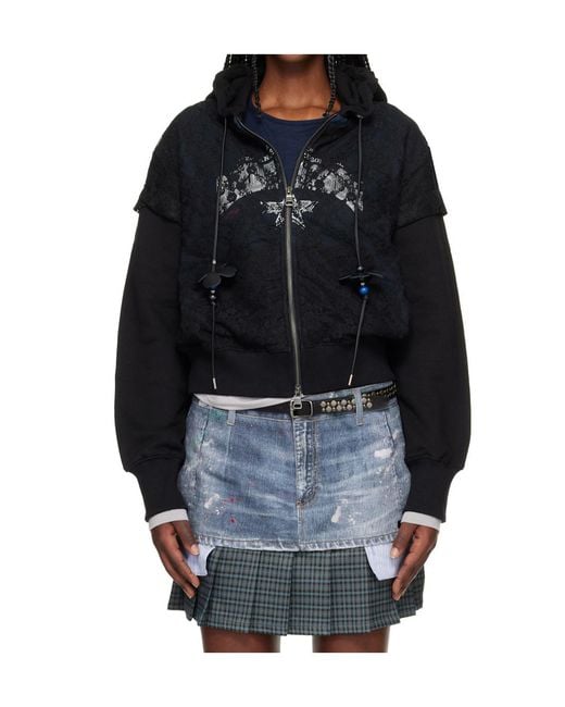 ANDERSSON BELL Black Lace Layered Zip-Up Hoodie
