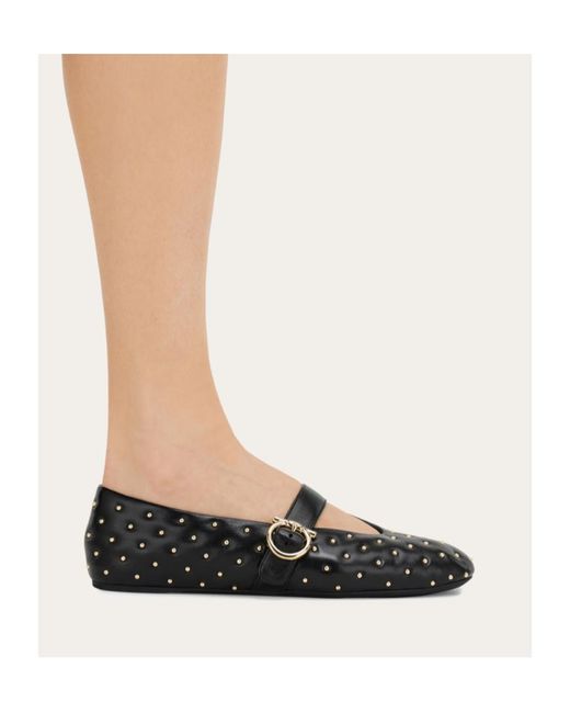 Ferragamo Black Studded Gancini Buckle Ballet Flat