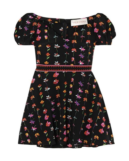 Valentino Black Floral Print Wool-Blend Mini Dress