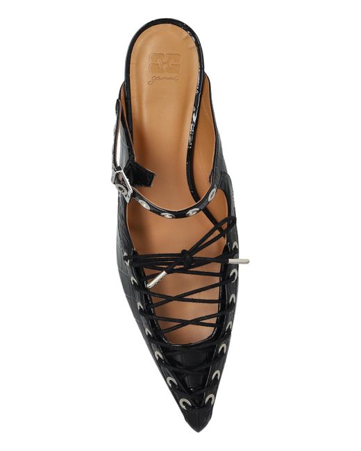 Ganni Black Lace-Up Oleatex Mules