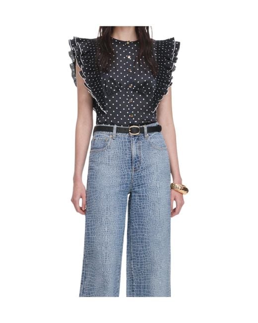 Self-Portrait Blue Ruffled Polka-Dot Top