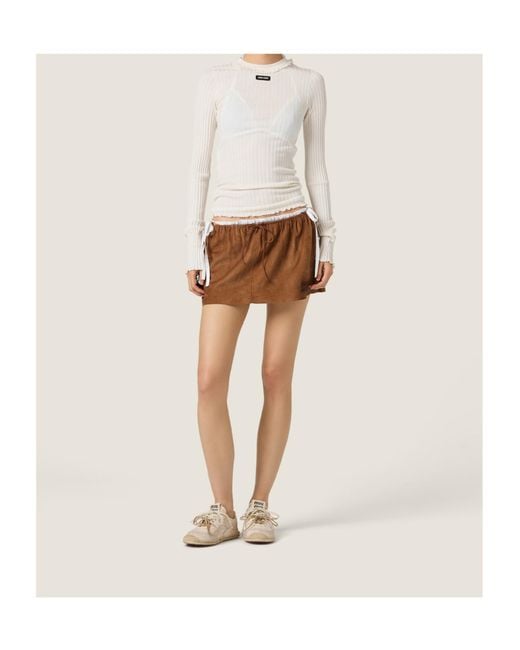 Miu Miu White Long-Sleeved Ribbed T-Shirt