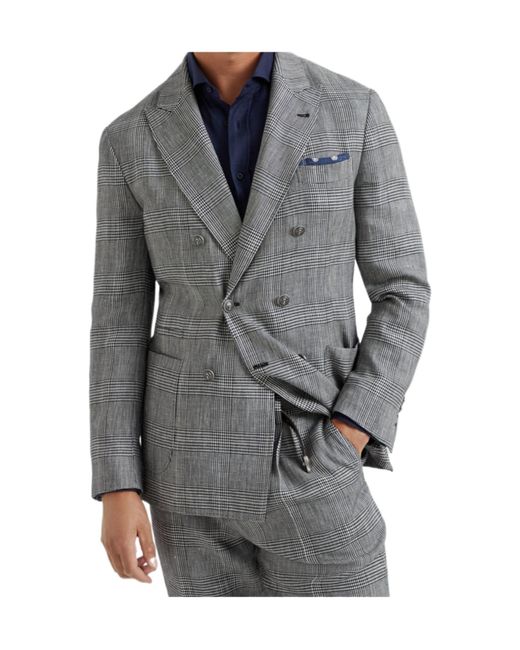 Brunello Cucinelli Gray Double-Breasted Prince Of Wales Blazer for men
